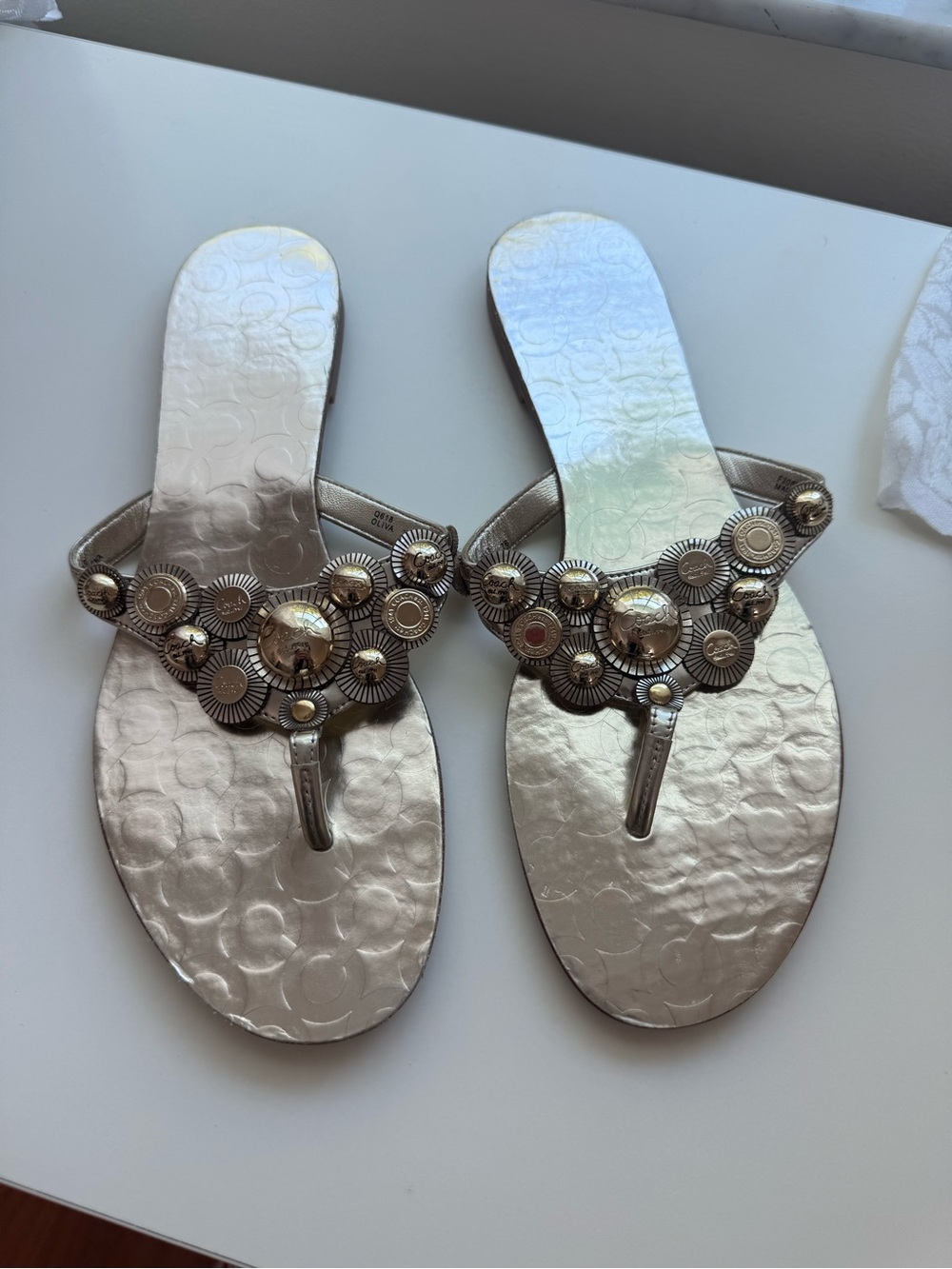 Coach Metallic Silver Embellished Thong Sandals